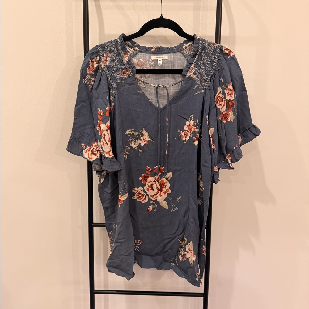 Maurices Slate Blue Floral Blouse with Ruffles